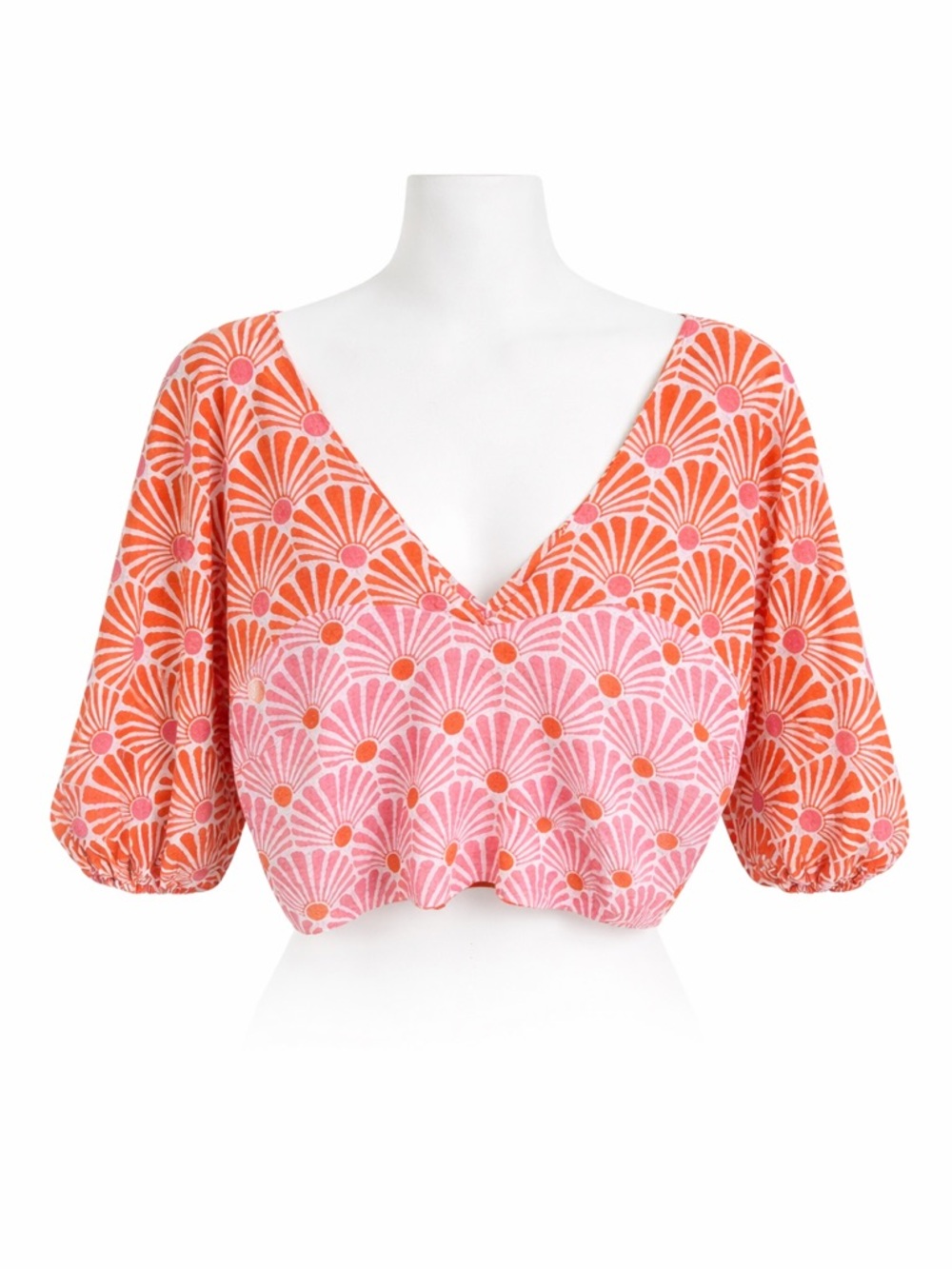 ZARA linen/cotton Puff Sleeve Crop Top Orange Pink V Neck Retro Print Blouse